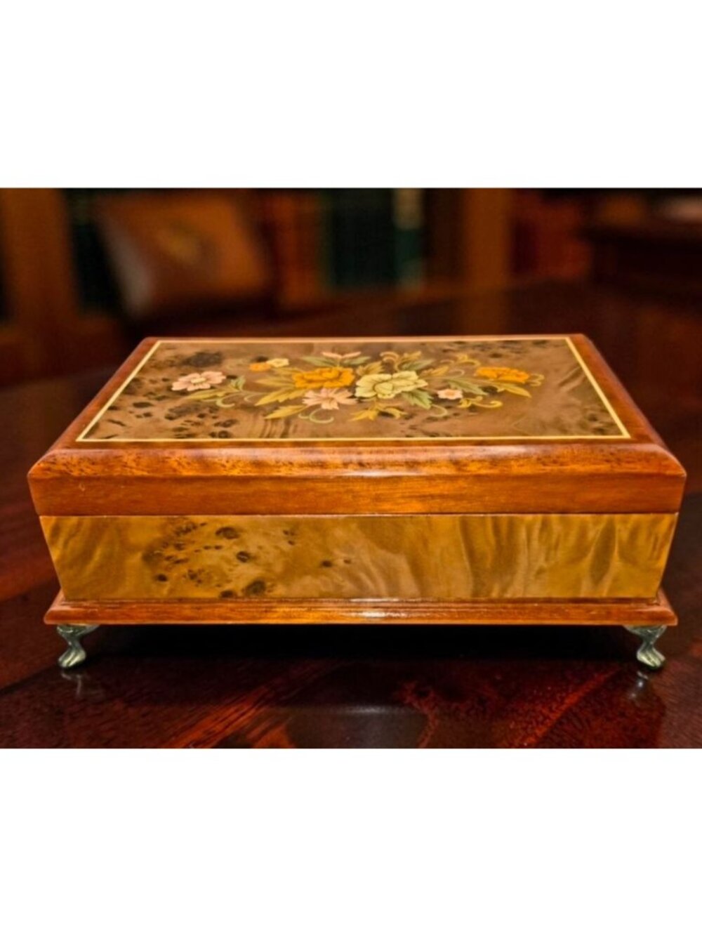 Sorrento Italian Burl Wood Jewelry Box, Music Box  Floral Marquetry, brass feet,